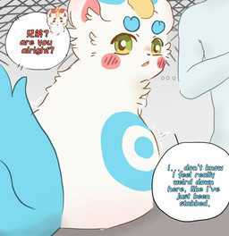 ambiguous_gender blue_body blue_fur blush curious dialogue feral fluffy fluffy_tail fur green_eyes group horn red_cheeks round_ears simple_coloring sitting speech_bubble tail text trio white_body white_fur izih asian_mythology fabulous_beasts fenz_(studio) mythology bixie_(fabulous_beasts) tianlu_(fabulous_beasts) human mammal mythological_creature pixiu colored comic english_text hi_res brother_(lore) brothers_(lore) sibling_(lore)