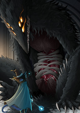 6_eyes ambiguous_gender anthro blue_cape blue_clothing cape chest_mouth claws clothing duo female feral hat headgear headwear heart_symbol multi_eye nightmare_fuel open_mouth rib_cage ribs size_difference speech_bubble teeth teeth_showing teratophilia witch_hat pankallisti dark_souls fromsoftware circe_(pankallisti) mammal monster murid murine rat rodent sulyvahn's_beast hi_res