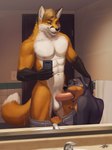 2023 abs anthro balls bathroom bottomwear bottomwear_down canid canine canis cellphone clothed clothing domestic_dog duo electronics fellatio fox fur genitals hair hi_res holding_object holding_phone humanoid_genitalia humanoid_penis jaykat looking_at_another looking_at_partner male male/male mammal muscular muscular_anthro muscular_male nipples oral oral_penetration pants pants_down partially_clothed pecs penetration penile penile_penetration penis penis_in_mouth phone pink_nipples selfie sex smartphone tail white_body white_fur yellow_body yellow_fur