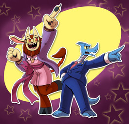 accessory anthro barefoot blue_body blue_clothing blue_scales bottomwear bracelet claws clothed clothing cosplay dress duo ear_piercing facial_hair fangs feet female fur gesture goatee hand_gesture hooves horn jacket jewelry male mane name_tag necklace necktie pants piercing pointing pointy_nose scales sharp_teeth smile standing star stinger stinger_tail suit suit_jacket tail teeth topwear wide_eyed travis_fowler ace_attorney capcom dungeon_flippers european_mythology iranian_mythology middle_eastern_mythology mythology cleaveland_(dungeon_flippers) maulie_(dungeon_flippers) mia_fey phoenix_wright dragon felid mammal manticore mythological_creature mythological_scalie scalie western_dragon 2026 hi_res
