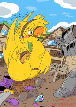 after_transformation beak biped bipedal_feral blush duo embarrassed feral fluffy fur human_to_feral implied_transformation knight looking_at_another male melee_weapon potion reins saddle species_transformation sword transformation transformation_potion warrior weapon wings yellow_body yellow_fur owen_nsfw final_fantasy square_enix owen_fursona avian chocobo absurd_res hi_res
