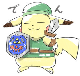 3_toes ambiguous_gender barefoot bottomless clothed clothing cosplay dipstick_ears ear_markings eyes_closed feet hat headgear headwear melee_weapon multicolored_ears semi-anthro shield simple_background solo sword toes weapon yellow_body tatu_wani nintendo pokemon the_legend_of_zelda link generation_1_pokemon pikachu pokemon_(species) 2019 hi_res