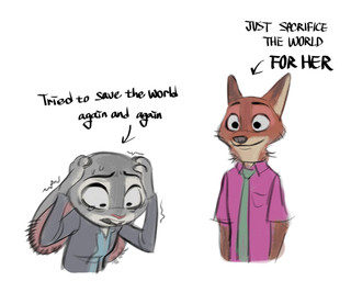 anthro black_nose blank_stare clothed clothed_anthro clothed_female clothed_male clothing directional_arrow duo female fur grey_body grey_fur male necktie orange_body orange_fur pink_nose rabbit_ears shippings stressed_out text carrot_berry217 disney zootopia judy_hopps nick_wilde canid canine european_rabbit fox lagomorph leporid mammal oryctolagus rabbit red_fox true_fox english_text hi_res