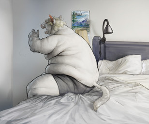 anthro bed belly belly_rolls blonde_hair briefs briefs_only clothed clothing eyes_closed fat_rolls fur furniture hair hairless inside lamp male moobs obese obese_male on_bed open_mouth overweight overweight_anthro overweight_male picture_on_wall pillow rear_view side_view sitting sitting_on_bed solo tail teeth topless underwear underwear_only white_body white_fur white_walls yawn cettus hakon_brandvold domestic_cat felid feline felis hairless_cat mammal peterbald 2026 hi_res
