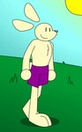 anthro big_feet blinking bottomwear chest_tuft clothing feet floating_ears male purple_bottomwear purple_clothing purple_shorts scut_tail short_tail shorts simple_animation simple_background simple_coloring simple_eyes simple_face simple_nose solo sun tail tuft walking swift_bristle jay_jay_the_lucky_rabbit jason_burrow lagomorph leporid mammal rabbit animated hi_res short_playtime