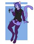 anthro bulge clothing fur hair key legwear looking_at_viewer male necktie pose purple_body purple_fur purple_hair simple_background solo suit thigh_highs tongue tongue_out topwear underwear vest calico_kai thibby_(thibbycat) domestic_cat felid feline felis mammal digital_media_(artwork) hi_res pinup