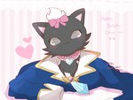 accessory anthro birthday black_body black_fur blush bow_ribbon cat_smile chibi clothing collar female frilly frilly_collar fur gem gloves_(marking) grey_eyes hair hair_accessory hair_bow hair_ribbon heart_symbol lace looking_back markings oversized_clothing oversized_topwear pattern_background pink_collar ribbons semi-anthro simple_background solo text topwear white_body white_fur white_hair arwrkieee_akrn jewelpet sanrio sega sega_fave diana_(jewelpet) domestic_cat felid feline felis mammal munchkin_cat 2025 4:3 dated english_text hi_res signature