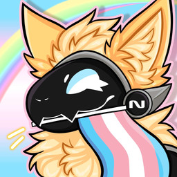 ambiguous_anthro ambiguous_gender anthro black_face blonde_hair flag flag_(object) flag_in_mouth front_view fur hair holding_flag holding_object inner_ear_fluff lgbt_pride machine pride_colors rainbow screen screen_face solo transgender_pride_colors tuft white_eyes yellow_body yellow_ears yellow_fur yellow_inner_ear yellow_inner_ear_fluff unknown_artist protogen 1:1 2025 digital_media_(artwork) headshot_portrait hi_res icon portrait