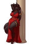 anthro armlet big_breasts black_body black_fur black_hair bracelet breasts clothing dress feet female footwear fur greek hair hand_behind_head jewelry leaning leaning_backward one_leg_up pillar raised_leg red_clothing red_dress sandals shoes solo thick_thighs thighlet yellow_eyes blazbaros canid canine canis mammal wolf 2024 9:14 hi_res