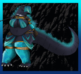 angry anthro arms_tied bagged bdsm big_breasts bondage bound bound_and_gagged breasts female gag gagged glowing hands_behind_back male overweight overweight_female rope rope_gag snarling solo spikes teeth thick_thighs lovemummification godzilla_(series) toho godzilla kaiju reptile scalie hi_res