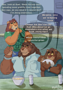 age_difference anthro beard beverage big_muscles bottomwear bowl building claws clock clothed clothing collared_shirt container cup cutlery dialogue eating electronics eyebrows facial_hair food fur furniture group holding_object interview kitchen_utensils looking_at_another male mane mature_anthro mature_male microphone muscular muscular_anthro muscular_male outside pants patio recording restaurant shirt sitting size_difference smile soup spoon standing t-shirt table talking_to_another teeth text tools topwear trio tuft watch whiskers roolthelion paco_(roolthelion) rool_(roolthelion) felid lion mammal pantherine 2026 dated english_text hi_res signature father_(lore) father_and_child_(lore) father_and_son_(lore) parent_(lore) parent_and_child_(lore) parent_and_son_(lore) son_(lore)