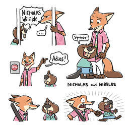 anthro black_nose black_tail brown_body brown_ears brown_eyes brown_fur brown_hair brown_tail buckteeth countershading dipstick_ears dipstick_tail ear_markings ellipsis eyes_closed female fur green_eyes hair hug long_tail male markings multicolored_body multicolored_ears multicolored_fur necktie orange_body orange_ears orange_fur prison_bars pushbutton sharp_teeth size_difference tail tail_markings tan_body tan_countershading tan_fur tan_inner_ear teeth teeth_showing text thick_tail two_tone_tail wide_eyed gumi_(pixiv) disney zootopia nibbles_maplestick nick_wilde beaver canid canine fox mammal red_fox rodent true_fox 1:1 absurd_res english_text hi_res