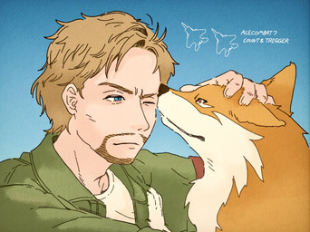 blonde_hair blue_eyes clothing duo feral fur green_clothing green_jacket green_topwear hair jacket male male/male petting topwear yellow_body yellow_fur otachi_(artist) ace_combat_7 bandai_namco count_(ace_combat_7) trigger_(ace_combat_7) canid canine canis human mammal wolf