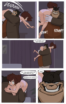 5_fingers anthro anthro_on_anthro belly biped black_body black_ears black_eyebrows black_eyes black_fur black_nose black_text blush bodily_fluids bottomwear bow_panties bow_underwear bra breasts brown_body brown_clothing brown_fur brown_hair brown_jacket brown_shirt brown_topwear bulge bulge_fondling butt cleavage clothed clothed_anthro clothed_female clothed_male clothing collarbone collared_shirt dialogue dress_shirt duo ear_piercing ear_ring evil_grin eyebrows female female_anthro fingers fully_clothed fully_clothed_anthro fully_clothed_male fur gloves grey_bottomwear grey_clothing grey_pants grin hair half-closed_eyes hand_on_another's_hip hand_on_bulge hand_on_hip handwear head_turned hoop_ear_ring humanoid_hands intraspecies jacket leaning leaning_forward lips looking_down looking_down_at_partner low-angle_view male male/female medium_breasts midriff mouth_closed multicolored_body multicolored_fur narrowed_eyes obese obese_anthro obese_male open_clothing open_jacket open_topwear overweight overweight_anthro overweight_male panties pants piercing pink_bra pink_clothing pink_panties pink_underwear pointy_ears prick_ears rape_face ring_piercing shirt short_hair smile smirk snout speech_bubble standing sweat sweaty_face talking_to_another talking_to_partner tan_body tan_fur teeth text topwear two_tone_body two_tone_fur underwear underwear_only whisker_spots white_clothing white_gloves white_handwear white_shirt white_topwear wide_eyed amugea disney goof_troop peg_pete pete_(disney) peter_pete_sr. canid canine canis domestic_dog mammal 2025 absurd_res comic english_text hi_res