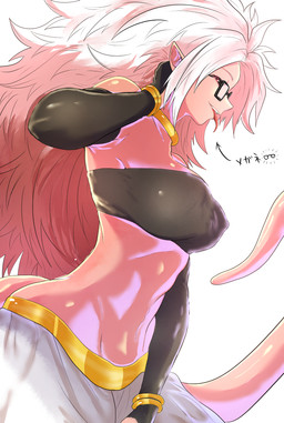 arm_warmers armwear bandeau black_sclera bottomwear bracelet clothing eyewear fangs female glasses gold_(metal) gold_jewelry hair humanoid_pointy_ears jewelry long_hair looking_at_viewer navel neck_ring nipple_outline not_furry open_mouth open_smile pants pink_body pink_skin pink_tail pointy_ears red_eyes sharp_teeth side_view simple_background smile solo standing tail teeth text tongue tongue_out topwear white_background white_bottomwear white_clothing white_hair white_pants tatsuumi dragon_ball dragon_ball_fighterz android_21 majin_android_21 alien alien_humanoid humanoid majin 2018 hi_res japanese_text