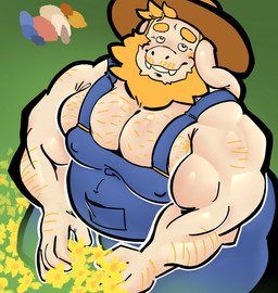 5_fingers anthro arm_hair beard biceps blonde_beard blonde_eyebrows blonde_facial_hair blonde_hair blue_clothing blue_overalls body_hair chest_hair clothing denim_overalls eyebrows facial_hair fangs fingers flower fur gardening hair hat headgear headwear kneeling male mature_anthro mature_male muscular muscular_male nipple_outline overalls overweight overweight_anthro overweight_male plant solo teeth white_body white_fur yellow_flower weirdocoon undertale_(series) asgore_dreemurr bovid caprine goat mammal 2025 digital_drawing_(artwork) digital_media_(artwork) english_description hi_res