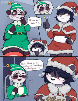 3_panel_comic anthro blue_hair bottomwear christmas_clothing christmas_headwear clothing dialogue dot_eyes elf_costume eyewear female fur glasses hair half-closed_eyes hat headgear headwear holidays legwear male multicolored_body multicolored_fur narrowed_eyes nervous nervous_smile open_mouth open_smile purple_body purple_fur santa_hat simple_eyes skirt slightly_chubby slightly_chubby_anthro slightly_chubby_male smile speech_bubble stockings text thick_thighs two_tone_body two_tone_fur white_body white_fur white_hair wide_hips pandear christmas louis_(pandear) bear giant_panda mammal comic english_text hi_res