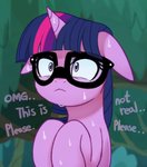 alternate_form bodily_fluids eyelashes eyewear female feral feralized glasses hair horn purple_body purple_eyes solo sweat text marenlicious equestria_girls friendship_is_magic hasbro my_little_pony mythology sci-twi twilight_sparkle_(eg) equid equine horse mammal mythological_creature mythological_equine pony unicorn 2020 absurd_res english_text hi_res reaction_image