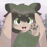 anthro big_ears brown_body brown_fur brown_hair clothing fur green_clothing green_eyes green_topwear hair happy kemono male raised_hand solo topwear skydev lagomorph leporid mammal rabbit 1:1