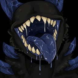 ambiguous_gender anthro black_background black_body black_fur blue_horn blue_saliva blue_tongue bodily_fluids cheek_tuft colored_saliva drooling eyeless facial_tuft front_view fur horn mouth_shot neck_tuft open_mouth saliva simple_background solo tongue tongue_out tuft unusual_bodily_fluids unusual_saliva swampjaws species_request 1:1 bust_portrait portrait