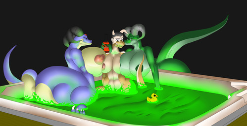 areola big_breasts breasts female female/female gender_transformation group hot_tub mtf_transformation nipples rubber_duck transformation dragonmanmike thatmoondragon fallout microsoft jade_moontail deathclaw human mammal scalie absurd_res hi_res