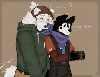 anthro beanie belt black_body black_eyes black_fur blush bodily_fluids box bracelet brown_nose claws clothing container dialogue duo ear_flick eye_markings fluffy freckles fur green_clothing green_hoodie green_topwear hat headgear headwear holding_container holding_object hoodie jewelry kerchief khaki_pants long_sleeves male male/male markings mole_(marking) neckerchief necktie neckwear one_ear_up overalls pie_cut_eyes raglan_shirt romantic romantic_ambiance shy smile sweat tail tail_motion tailwag teal_eyes thought_bubble topwear white_body white_fur cerberussenn lucky_sweeto_(cerberussenn) mocha_hawkes_(cerberussenn) canid canine canis domestic_dog mammal nordic_sled_dog samoyed spitz werecanid werecanine werecreature weredog wolf absurd_res hi_res signature