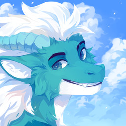 ambiguous_gender anthro black_eyebrows blue_body blue_eyes blue_fur blue_horn blue_pupils blue_sky cheek_tuft cloud detailed_background eyebrows facial_tuft fangs fur glistening glistening_eyes grin hair happy horn looking_at_viewer neck_tuft nude nude_ambiguous nude_anthro pupils ridged_horn sky smile solo teeth tuft unsigned white_body white_fur white_hair corzh77 mythology dragon furred_dragon furred_scalie mythological_creature mythological_scalie scalie 1:1 bust_portrait detailed headshot_portrait hi_res icon portrait