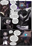 anthro armor blue_eyes clothing dialogue duo female glowing glowing_eyes male red_eyes text kitfox-crimson in_our_shadow schorl_(kitfox-crimson) american_opossum bear mammal marsupial murid murine rat rodent absurd_res comic english_text hi_res