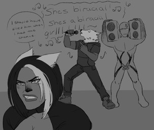 annoyed bandage ears_down electronics eunuch female for_a_head group humor male microphone pivoted_ears singing speaker trio alien-doodles dog_ningen neo_(dog_ningen) rex_(dog_ningen) trish_(dog_ningen) animal_head animal_humanoid canid canine canis cat_humanoid domestic_dog felid felid_humanoid feline feline_humanoid humanoid mammal mammal_humanoid hi_res monochrome