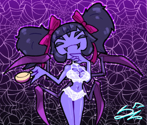 anthro bow_ribbon bra clothing container cup fangs female hair lace_bra lace_panties ponytail solo spider_web tea_cup teeth underwear deadzephyr4114 undertale undertale_(series) muffet arachnid arthropod spider