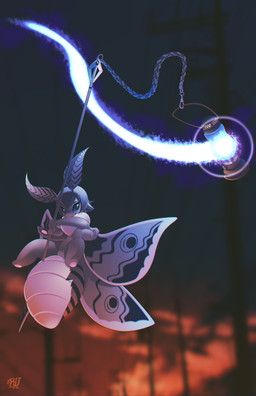 ambiguous_gender blue_eyes detailed_background lamp smile solo wings rudragon arthropod insect lepidopteran moth 2018 digital_media_(artwork) hi_res