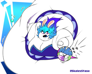 angry anthro belly big_belly big_breasts blue_clothing blue_hair blue_shirt blue_tongue blue_topwear blush blush_lines breasts bubble chubby_cheeks cleavage clothed clothed_anthro clothed_female clothing double_chin duo eye_through_hair eyebrow_through_hair eyebrows eyelashes fangs fat_arms female female_anthro freckled_face freckles fur furrowed_eyebrows hair hair_over_eyes huge_belly huge_breasts humor hyper hyper_belly immobile laughing_at_another light long_ears long_hair lying morbidly_obese morbidly_obese_anthro morbidly_obese_female motion_lines multicolored_hair noseless obese obese_anthro obese_female offscreen_character offscreen_female on_front open_mouth open_smile overweight overweight_anthro overweight_female pink_freckles pink_tongue plant purple_clothing purple_eyes purple_shirt purple_topwear shirt simple_background smile teeth text thin_eyebrows thorns tongue topwear translucent translucent_hair two_tone_hair vines wavy_hair white_body white_fur skalesstash mario_bros mario_plus_rabbids_sparks_of_hope nintendo raving_rabbids rayman_(series) ubisoft daphne_(mario_plus_rabbids) midnite_(mario_plus_rabbids) spark_hunter elemental_creature flora_fauna ghost hybrid lagomorph mammal rabbid spirit 2023 absurd_res artist_name colored crossover digital_drawing_(artwork) digital_media_(artwork) english_description hi_res lighting