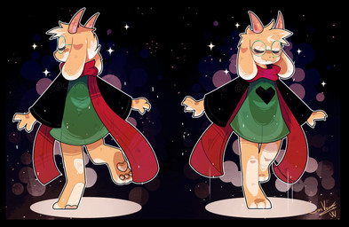 2_horns 3_toes anthro barefoot black_sleeves clothed clothed_anthro clothing digitigrade eyes_closed eyewear feet floppy_ears front_and_back fur glasses green_clothing green_topwear heart_clothing heart_symbol hindpaw horn lop_ears male pawpads paws pink_horn pink_pawpads round_glasses scarf solo toes topwear white_body white_fur casver_w deltarune undertale_(series) ralsei bovid caprine goat mammal 2026 absurd_res hi_res