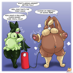 air_inflation belly big_belly big_breasts breasts brown_body duo female forced forced_inflation green_body handles_on_hips handles_on_thighs implied_popping inflatable inflated_belly inflation inflation_valve onomatopoeia pool_toy smirking_at_another sound_effects text valve_nipple worried_look officialpeachbumz nintendo pokemon gomita_(peachbumz) animate_inanimate generation_9_pokemon living_inflatable meowscarada pokemon_(species) absurd_res hi_res