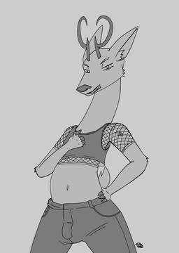 anthro antlers bottomwear clothed clothing crop_top femboy fishnet_clothing front_view hooves horn looking_at_viewer male navel pants shirt short_tail smug smug_face smug_grin solo standing tail topwear thedeerzone deer mammal hi_res monochrome sketch