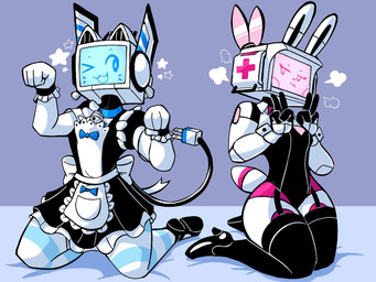 :3 bed bunny_costume clothed clothing costume crossdressing double_v_sign duo female footwear furniture garter_straps gesture hand_gesture high_heels kneeling legwear lingerie machine maid_uniform male on_bed one_eye_closed pattern_clothing pattern_legwear screen screen_face shoes striped_clothing striped_legwear stripes thigh_highs uniform v_sign wink baronflint avalon_(baronflint) camelot_(baronflint) humanoid robot robot_humanoid 4:3