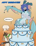 anthro avencri beaver cake dessert dragon duo female female/female fio_(avencri) food hi_res mammal mayte mythological_creature mythological_scalie mythology pop_out_cake reptile rodent scalie snake