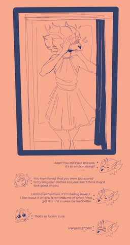 anthro blush blush_lines bone claws clothing covering covering_face deer_skull dress embarrassed eyes_closed hair horn skull skull_head text conditional_dnp welwraith epoch_(welwraith) wicker_(welwraith) deer mammal 2026 digital_drawing_(artwork) digital_media_(artwork) english_text hi_res sketch