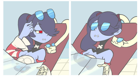 blue_body blue_skin border breasts chair cleavage clothed clothing duo eyewear female fully_clothed furniture hair hair_over_eye long_hair lounge_chair lying narrowed_eyes not_furry on_back one_eye_obstructed ponytail poolside purple_hair red_eyes sewn_mouth simple_background sitting squint stripes sunglasses water white_border saucymauler skullgirls leviathan_(skullgirls) squigly humanoid undead zombie hi_res meme reaction_image