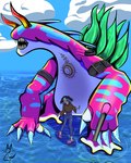 anthro belt black_hair duo eyeless female hair horn pink_body sea water geargiax bandai_namco digimon digimon_liberator yao_qinglan aquatic_gastropod digimon_(species) gastropod human mammal marine marinebullmon mollusk sea_slug slug hi_res