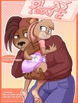 abdl anthro blue_eyes brown_body brown_eyes brown_fur clothed clothing diaper duo female fur lifting lifting_partner pink_outfit purple_outfit red_outfit size_difference wearing_diaper paddedulf bear lagomorph leporid mammal rabbit cover cover_art cover_page