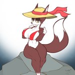 anthro big_breasts bikini bikini_top bottomless breasts clothed clothing eyewear female hat headgear headwear nipple_outline solo sunglasses swimwear two-piece_swimsuit mossyartburger canid canine fox mammal 1:1