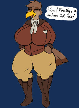 anthro beak big_breasts boots bottomwear breasts brown_body clothed clothing feathers female footwear happy head_tuft huge_breasts huge_thighs jacket kerchief neckerchief neckwear non-mammal_breasts open_beak open_mouth orange_beak pants pink_tongue shoes slightly_chubby slightly_chubby_anthro slightly_chubby_female solo standing tail tail_feathers text thick_thighs tongue topwear tuft wide_hips brandonbradinski pilot_(pilot129) accipitriform avian bird alpha_channel english_text