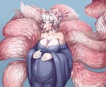 9_tails accessory anthro asian_clothing blue_eyes blush breasts chest_tuft cleavage clothed clothing east_asian_clothing exposed_shoulder female fluffy fluffy_tail fur hair hair_accessory hair_bun hair_sticks hand_on_belly hand_on_own_belly hands_on_belly japanese_clothing kimono lidded_eyes markings multi_tail pink_body pink_fur pink_hair pink_nose pregnant pregnant_anthro pregnant_female robe smile solo spots spotted_markings tail tan_body tan_fur tuft maryy2323 asian_mythology east_asian_mythology japanese_mythology mythology nintendo pokemon sasha_valiski canid canine generation_1_pokemon mammal ninetales pokemon_(species)