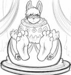 4_toes :< ambiguous_gender anthro barefoot biped cake dessert feet food foot_focus hair humanoid_feet plantigrade solo toes sebafox lagomorph leporid mammal rabbit 2016 digital_media_(artwork) hi_res monochrome