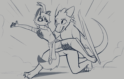 anthro biped bottomwear breasts claws clothed clothed_anthro clothed_female clothing duo eye_contact feet female fingers front_view fur gloves_(marking) hair horn looking_at_another male markings nude nude_anthro nude_male shirt shorts standing tail tank_top teeth toes topwear wings enginetrap mythology malphas_(enginetrap) syl_(enginetrap) canid canine canis dragon jackal mammal mythological_creature mythological_scalie scalie 2026 digital_drawing_(artwork) digital_media_(artwork) greyscale hi_res monochrome trans_(lore) trans_man_(lore)
