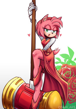 clothing dancing dress female fur green_eyes hair heart_symbol looking_at_viewer pink_body pink_fur pink_hair pole pole_dancing red_clothing red_dress side_slit side_slit_clothing side_slit_dress simple_background slit_dress solo tail tail_motion tailwag skai_art sega sonic_the_hedgehog_(series) amy_rose eulipotyphlan hedgehog mammal absurd_res hi_res