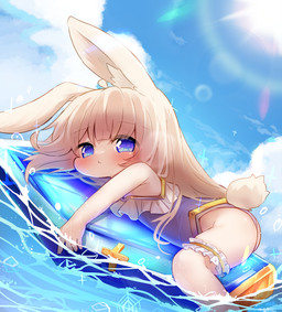 anthro blue_eyes blush clothing female fur hair light_body light_fur one-piece_swimsuit outside partially_submerged scut_tail short_tail sky solo sun swimwear tail thigh_strap water young young_anthro young_female sunapua lagomorph leporid mammal rabbit