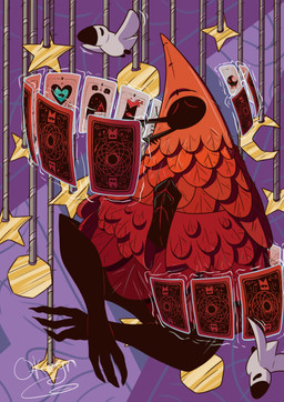 3_toes abstract_background anthro beak black_beak black_body card clothing crescent_moon eyes_closed feathers feet feral floating_object flying fortune_telling full_moon heart_symbol levitating_object male moon orange_clothing praying purple_background red_eyes robe rope simple_background sitting solo star talons tarot tarot_card toes white_body white_feathers okeyn cult_of_the_lamb massive_monster_(studio) clauneck_(cult_of_the_lamb) anatid anseriform avian bird duck 2022 absurd_res cel_shading full-length_portrait hi_res portrait shaded signature