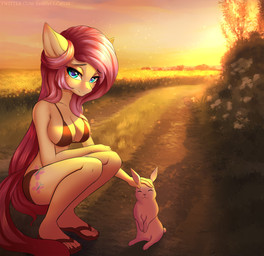 ambiguous_gender anthro bikini black_bikini black_clothing black_swimwear breasts clothed clothing cutie_mark duo exposed_feet eyebrows eyelashes feet female feral flip_flops footwear fur hair humanoid_feet long_hair looking_at_viewer outside pink_hair plant plantigrade sandals shoes skimpy sunset swimwear two-piece_swimsuit yellow_body yellow_fur hellcat120 friendship_is_magic hasbro my_little_pony fluttershy_(mlp) equid equine horse lagomorph leporid mammal rabbit 2022 hi_res